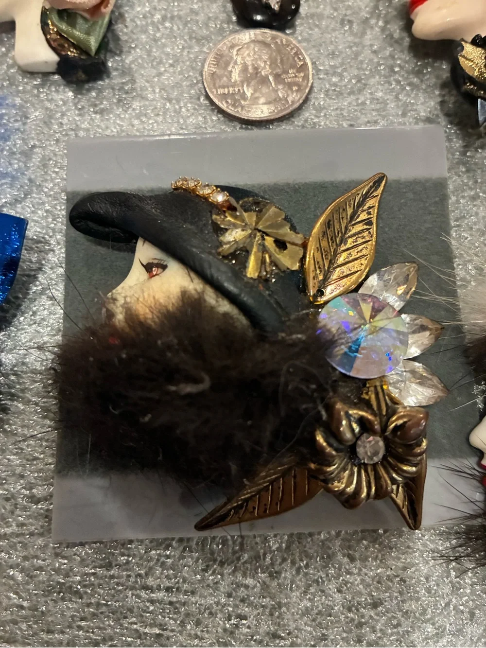 Vintage-Inspired Women's Fur & Porcelain Face Brooch - Brown, Blue, Cream